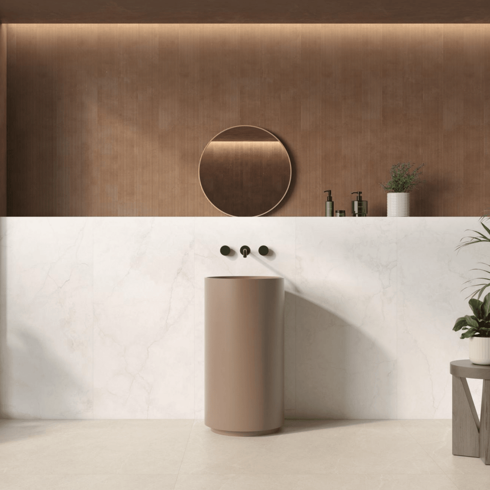 Pamesa Hermes Cream marble effect porcelain tile 1200x1200 room setting