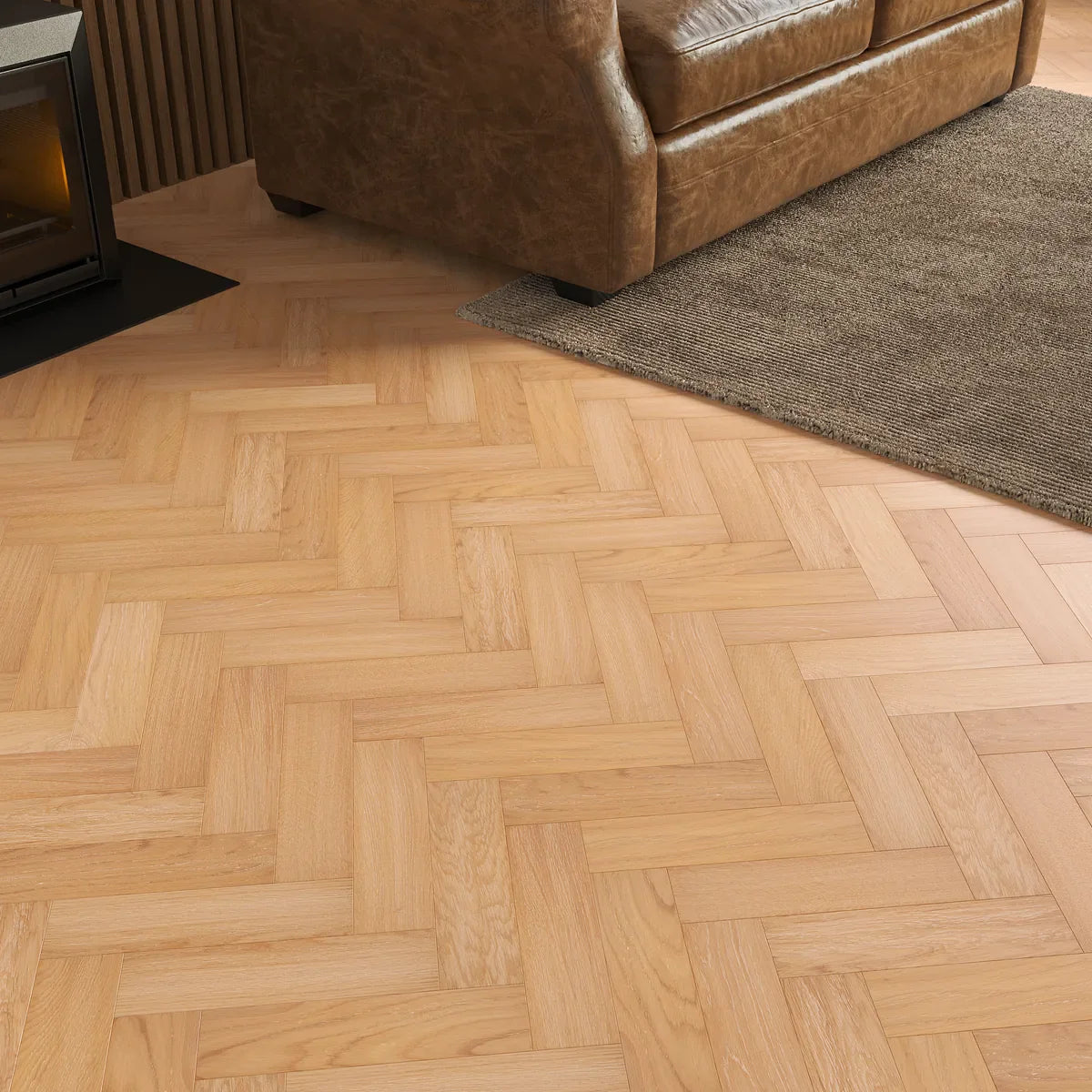 Mossburn Natural Oak Herringbone Flooring in a room setting
