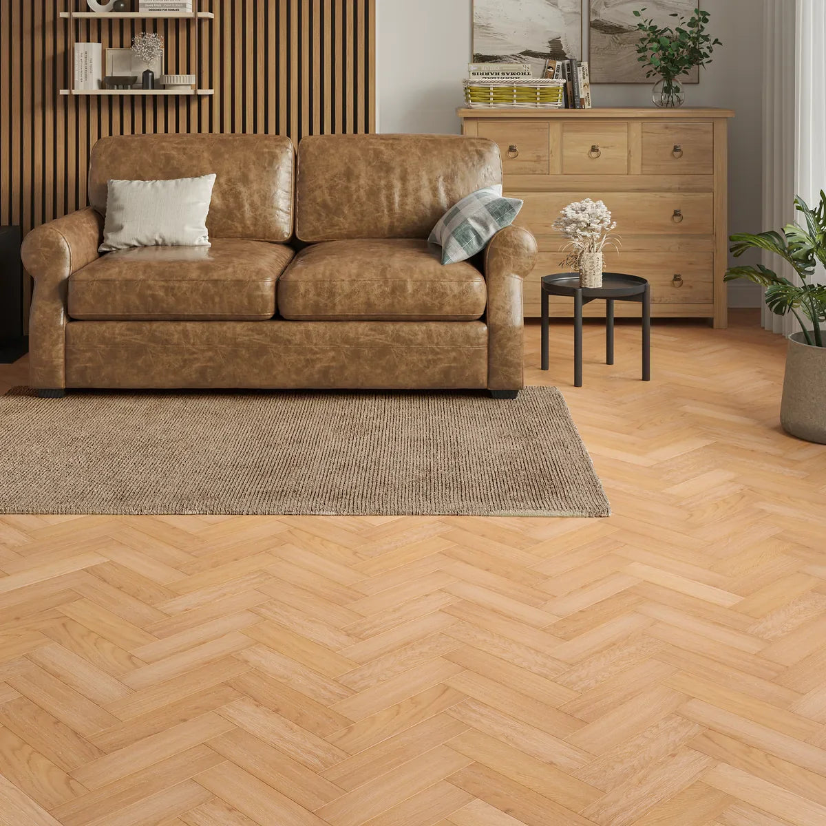 Mossburn Natural Oak Herringbone Flooring in a room setting