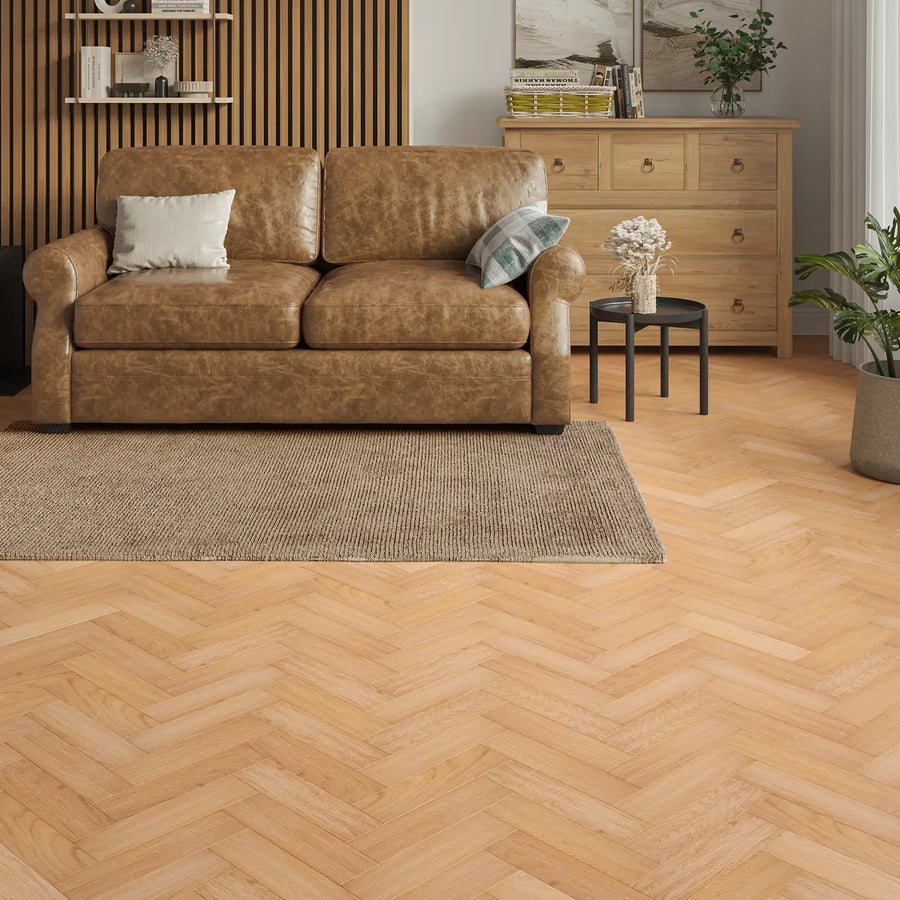 Mossburn Natural Oak Herringbone Flooring in a room setting