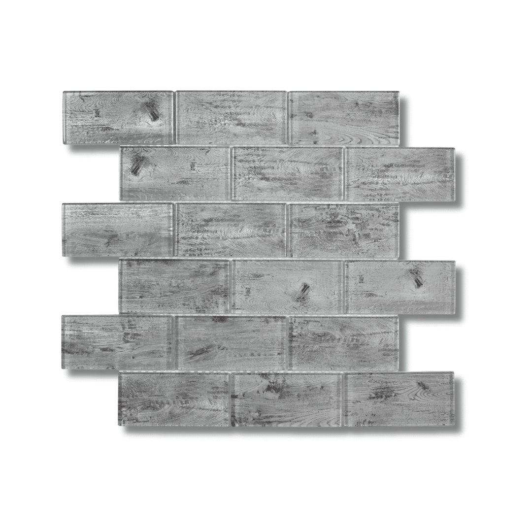 Silver wood effect glossy glass brick mosaic panels
