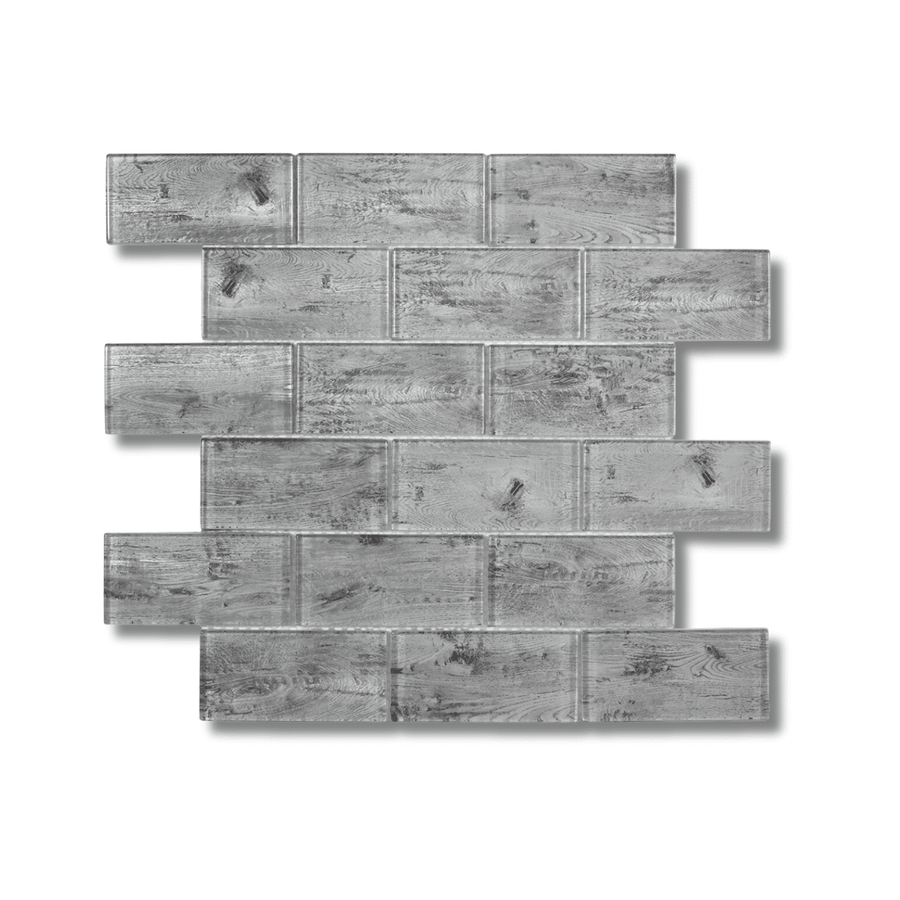 Silver wood effect glossy glass brick mosaic panels