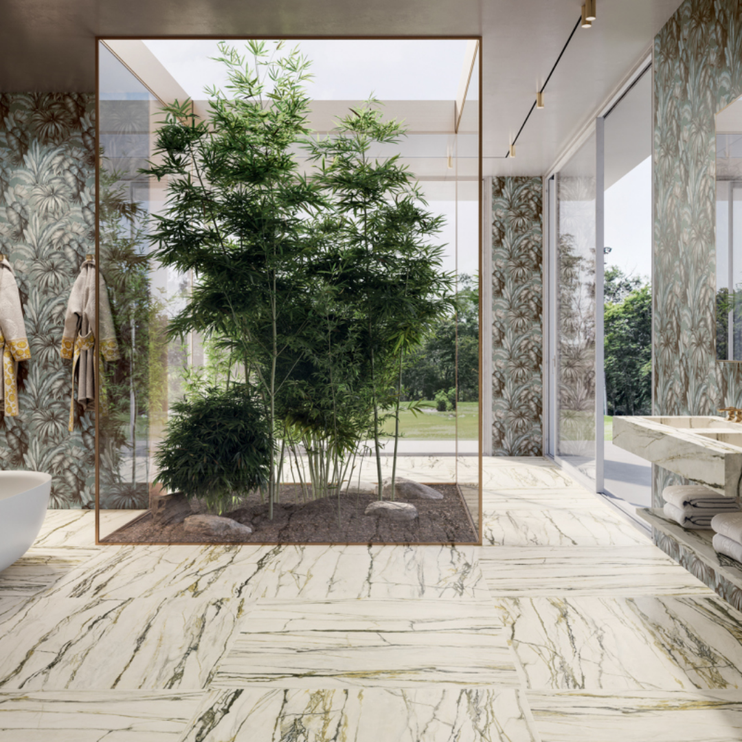 Green ceramic wallpaper effect tiles with decorative modern surface