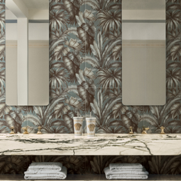 Wallpaper effect ceramic tiles with elegant green textured design
