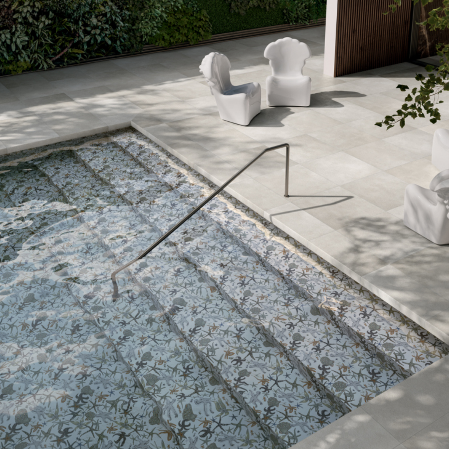 Blue ceramic wallpaper effect tiles with elegant decorative surface