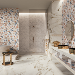 Matt finish ceramic wallpaper effect tiles with elegant detailing
