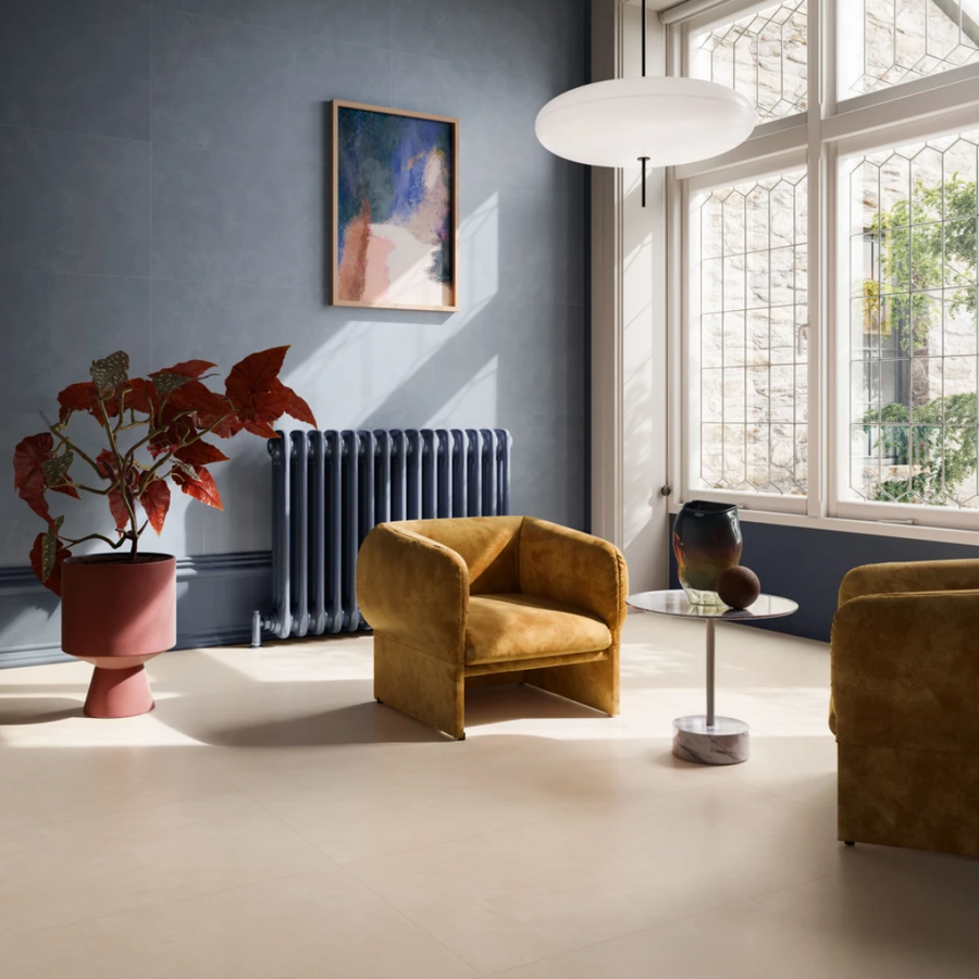 Light cream resin look porcelain tiles for interior surfaces