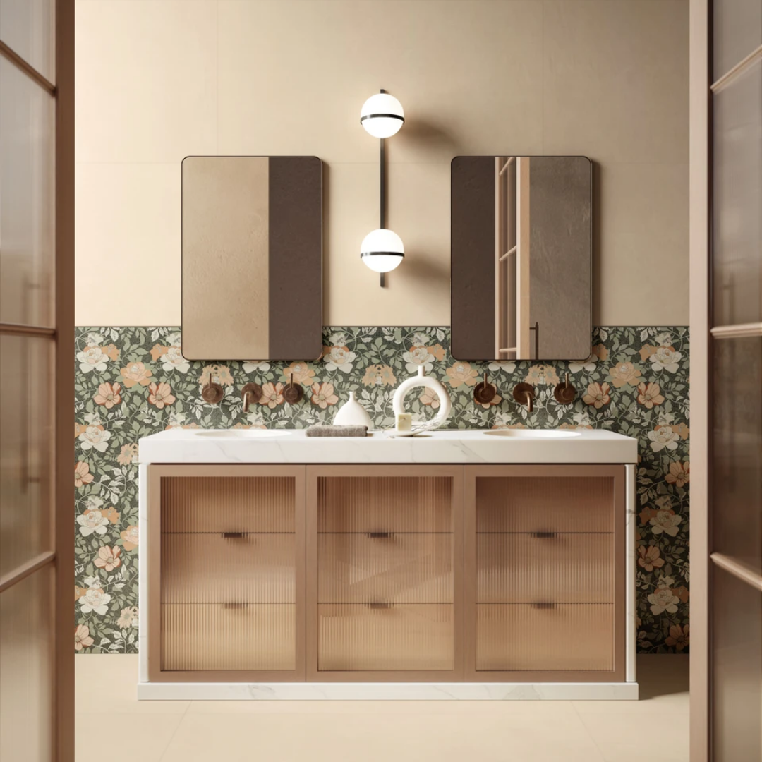 Light beige porcelain tiles with smooth resin effect surface