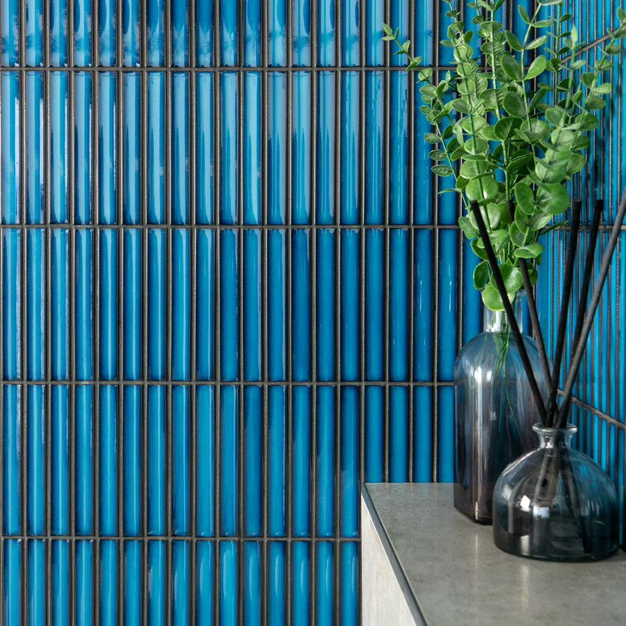 Blue porcelain mosaic tiles creating decorative interior wall