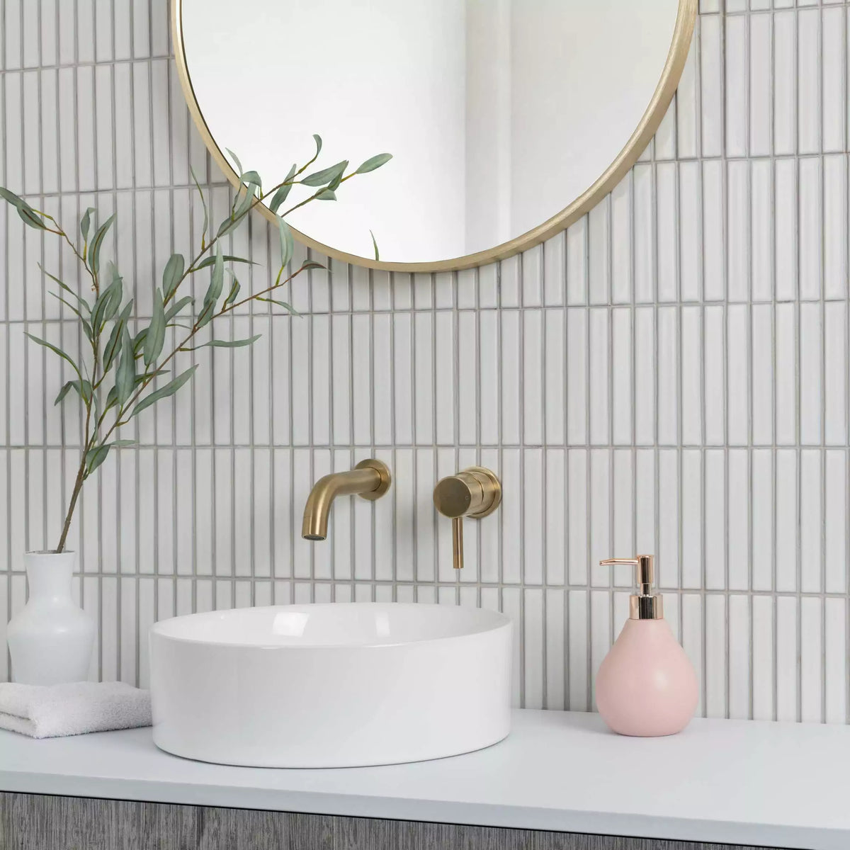Kitkat White mosaic tiles creating modern interior wall