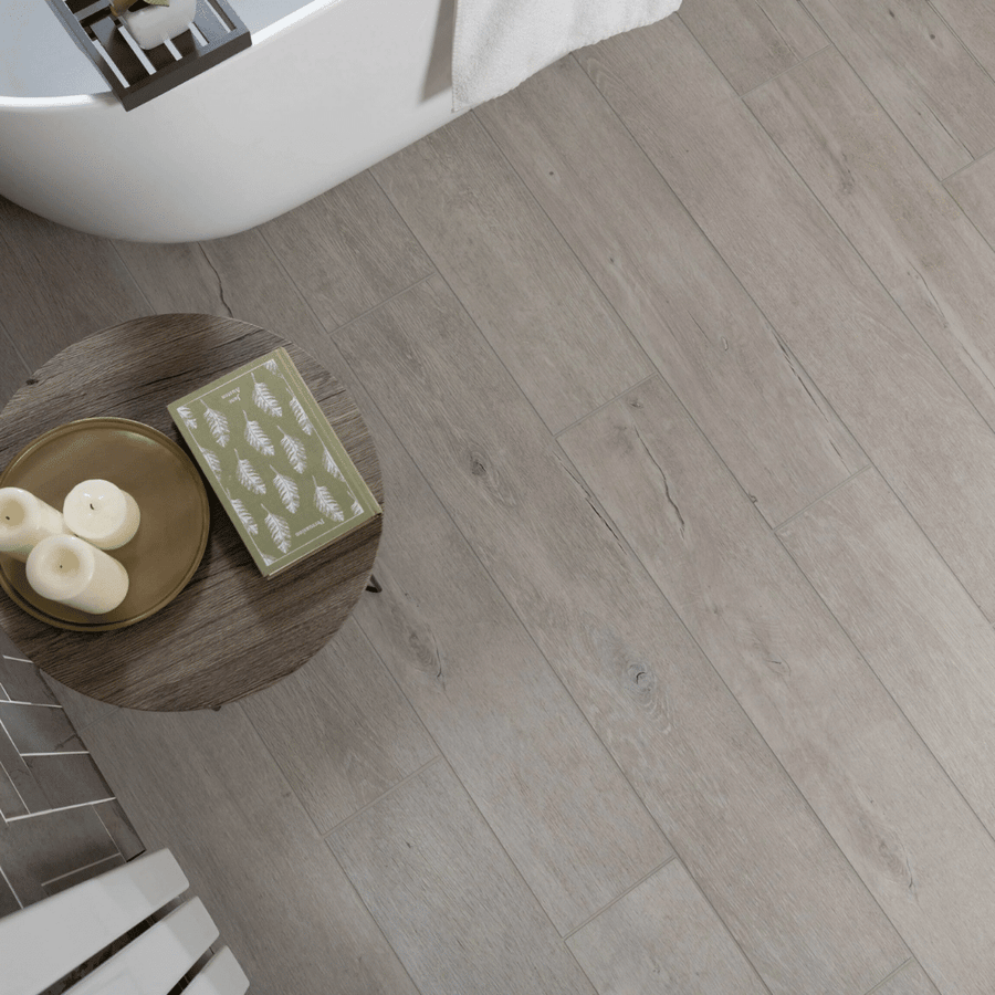 Warm grey wood effect porcelain tiles for interiors