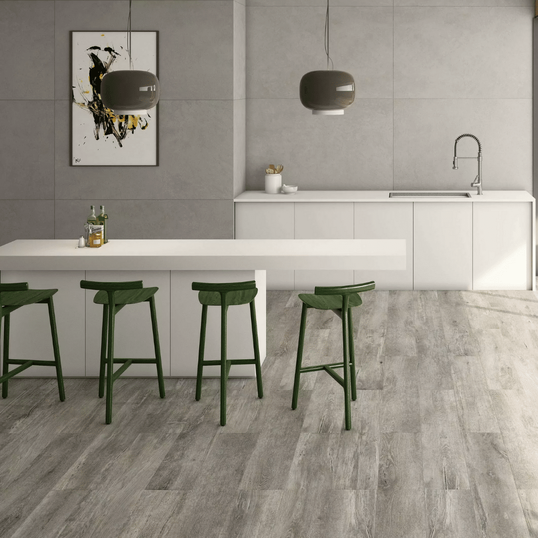 Grey porcelain wood effect tiles featuring soft matt finish
