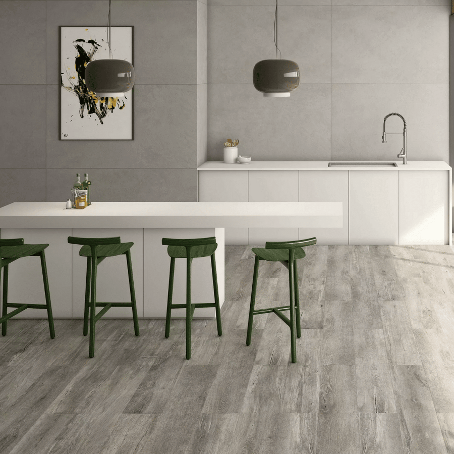 Grey porcelain wood effect tiles featuring soft matt finish