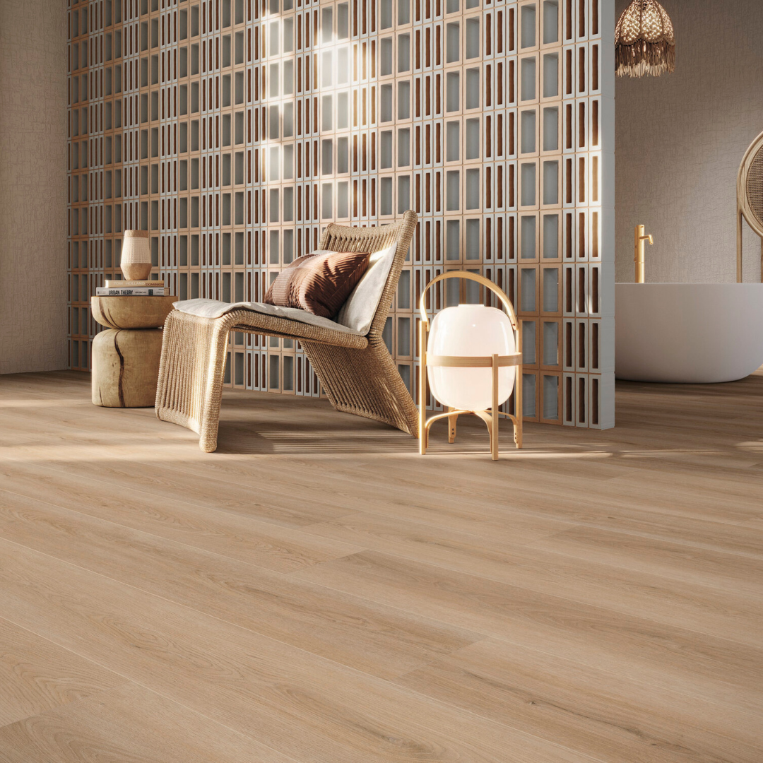 Brown SPC wood look tiles for modern interior flooring