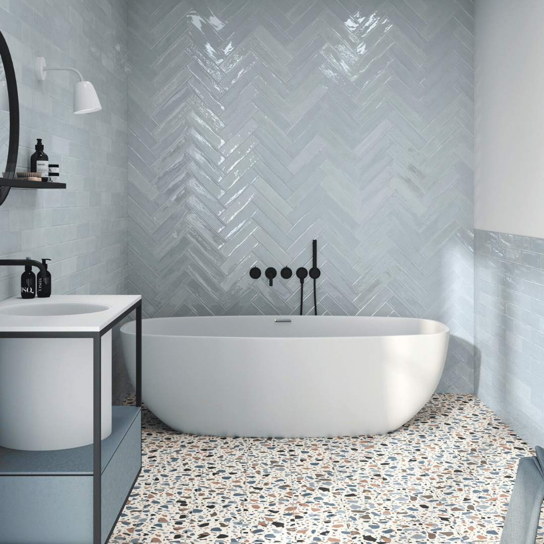 Glossy ceramic metro tiles in aqua finish