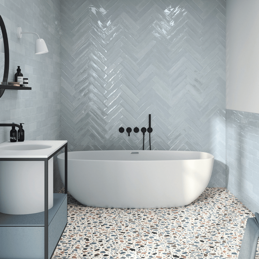 Glossy ceramic metro tiles in aqua finish