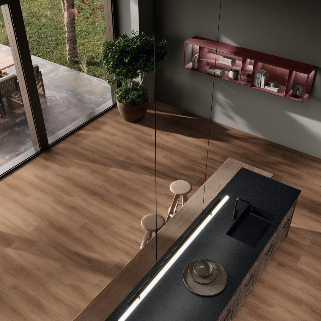 Brown SPC wood look tiles for modern floor interiors