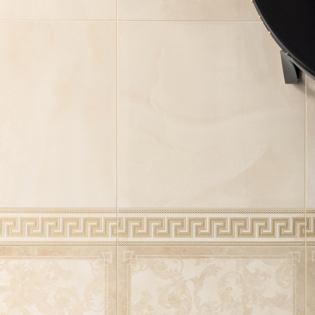 Beige marble effect ceramic wall and floor tile design