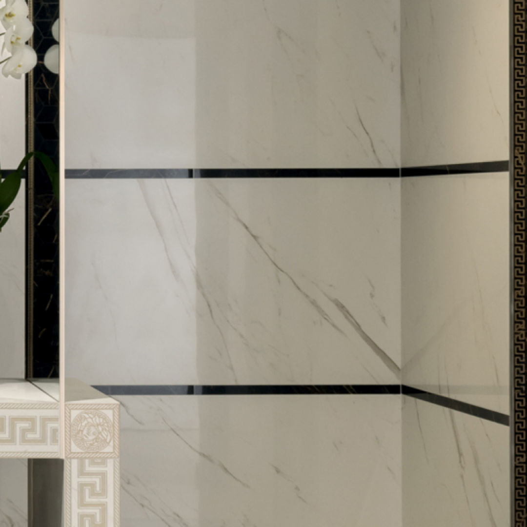 White marble effect ceramic tiles with polished surface finish
