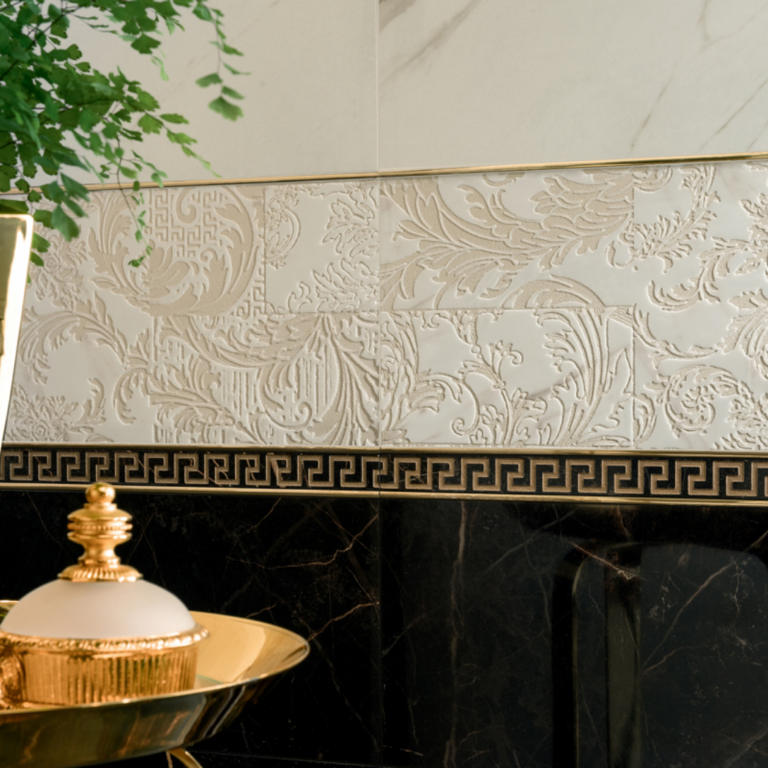 Black marble effect ceramic tiles with polished surface finish