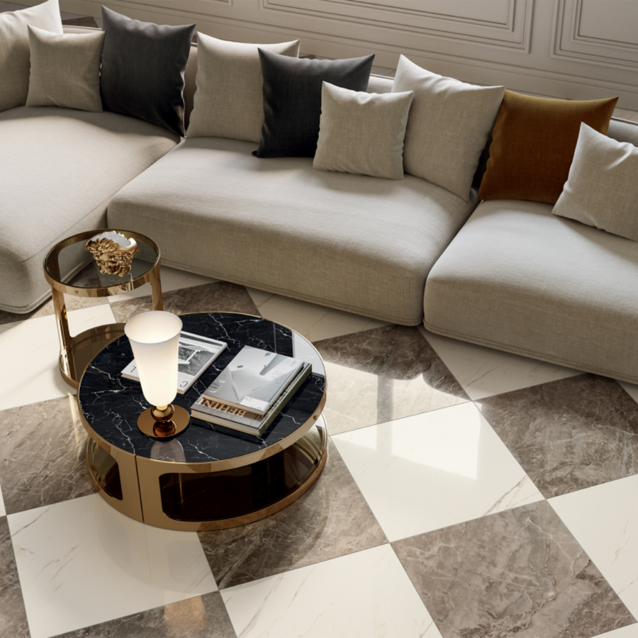 Polished ceramic marble tiles with warm brown appearance