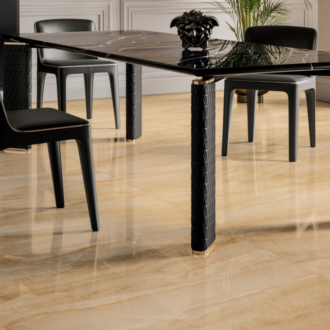 Cream marble effect ceramic tiles with polished surface finish