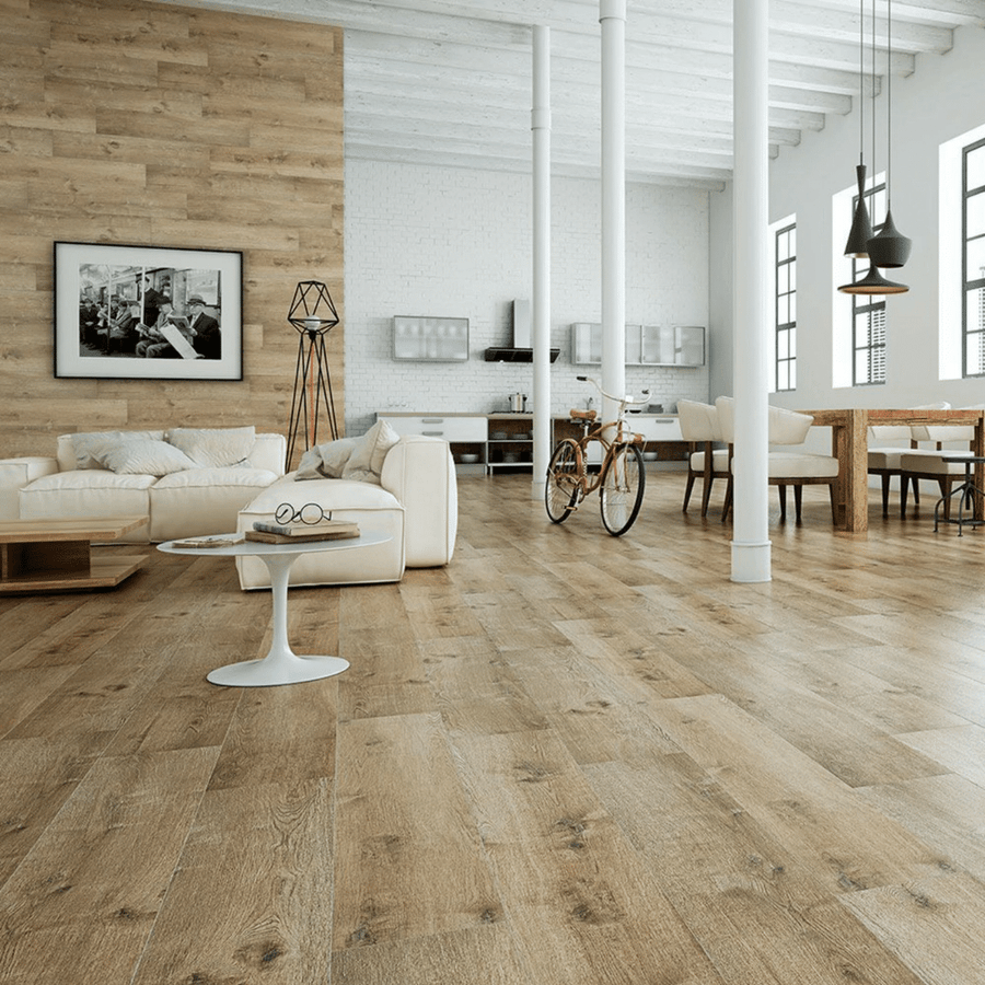 Merbau Roble brown porcelain tiles with natural wood effect