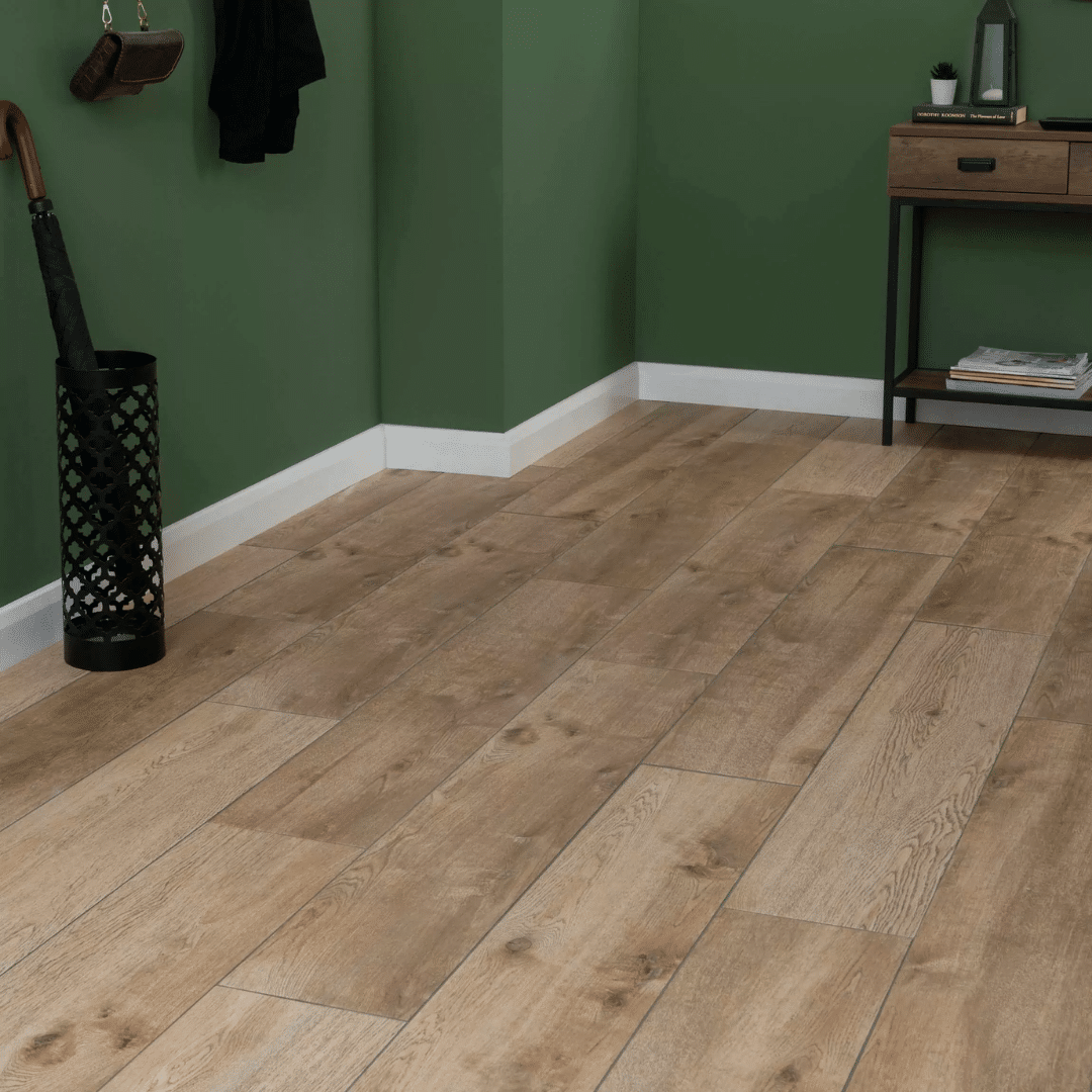 Natural wood look porcelain tiles in warm brown