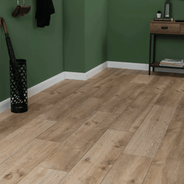 Natural wood look porcelain tiles in warm brown
