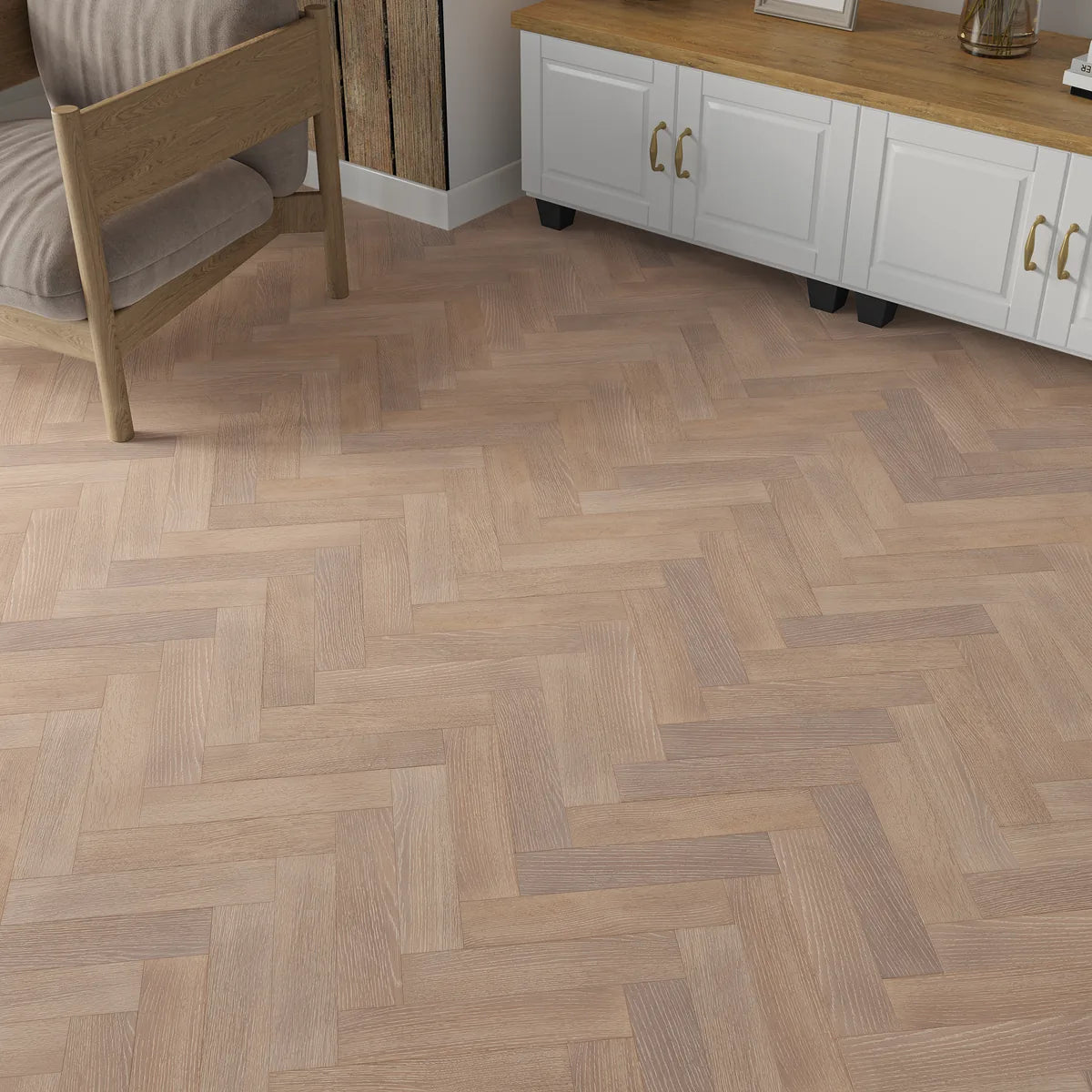 Quenby Grey Oak Herringbone Flooring in a room setting