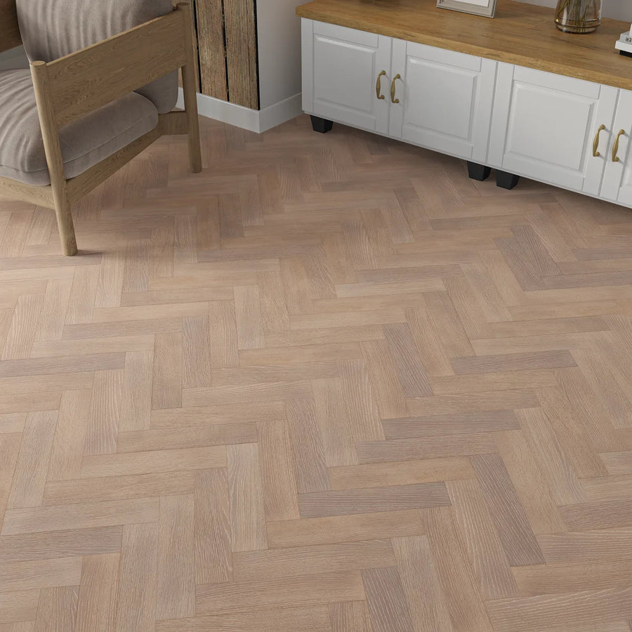 Quenby Grey Oak Herringbone Flooring in a room setting