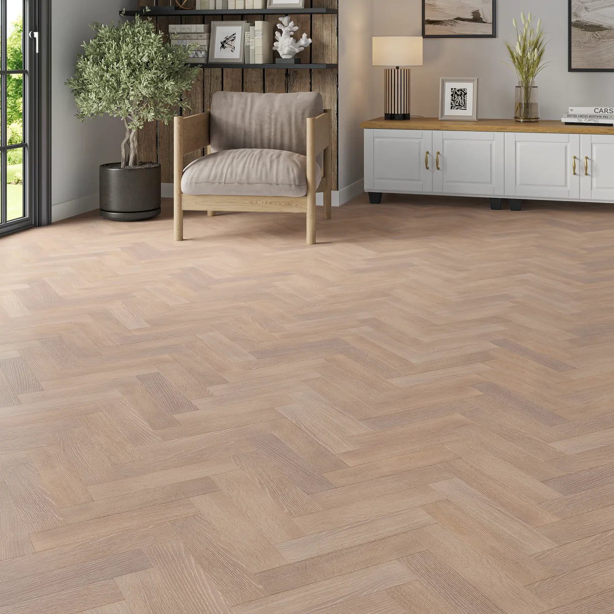 Quenby Grey Oak Herringbone Flooring in a room setting