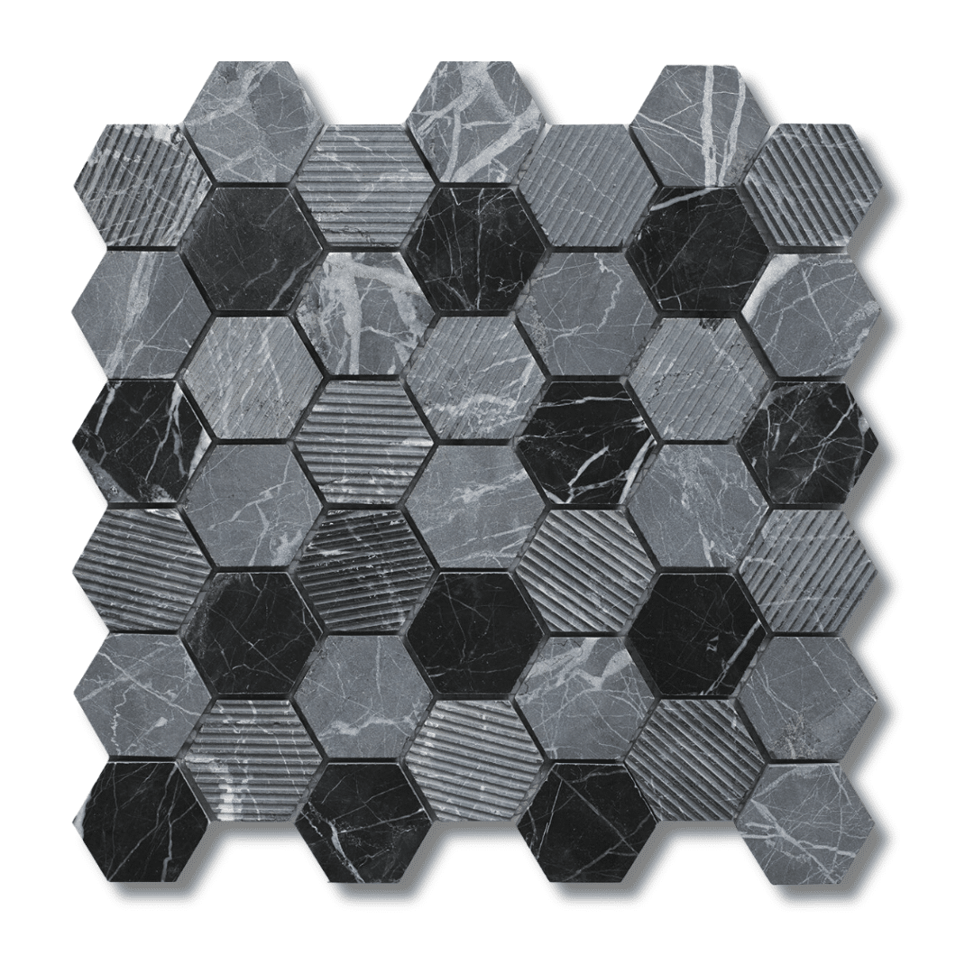 Midnight Stone dark grey marble hexagon mixed finish wall floor tile
