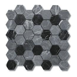 Midnight Stone dark grey marble hexagon mixed finish wall floor tile