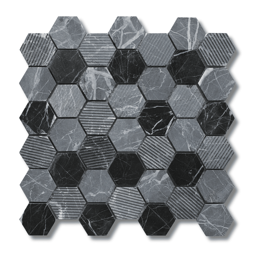 Midnight Stone dark grey marble hexagon mixed finish wall floor tile