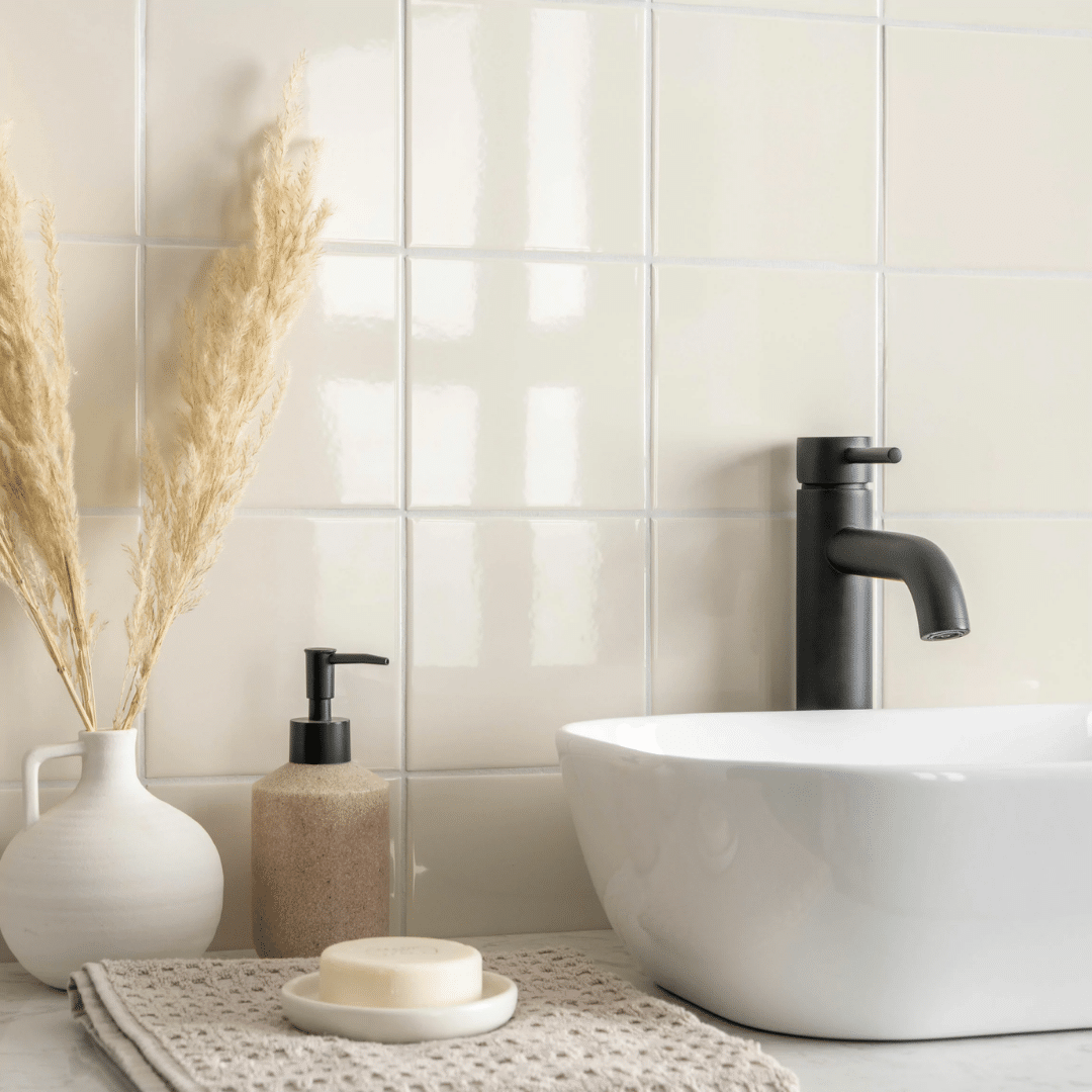 Plain effect ceramic wall tiles in cream 150x150mm finish