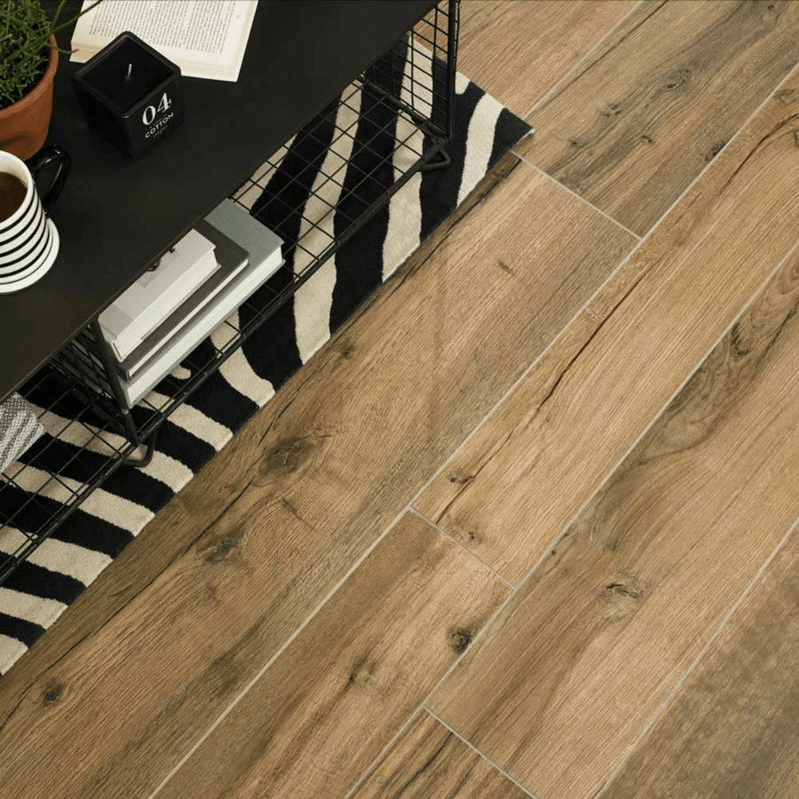 Natural wood effect porcelain tiles in calm brown shade
