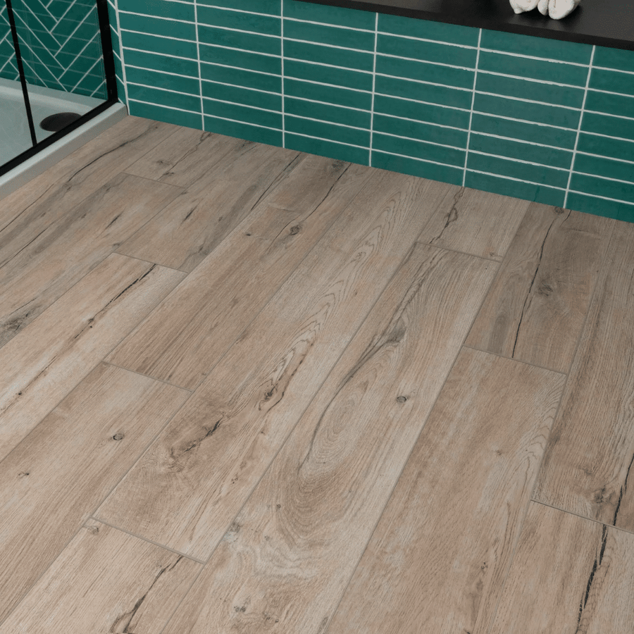 Matt finish porcelain tiles showing natural oak texture
