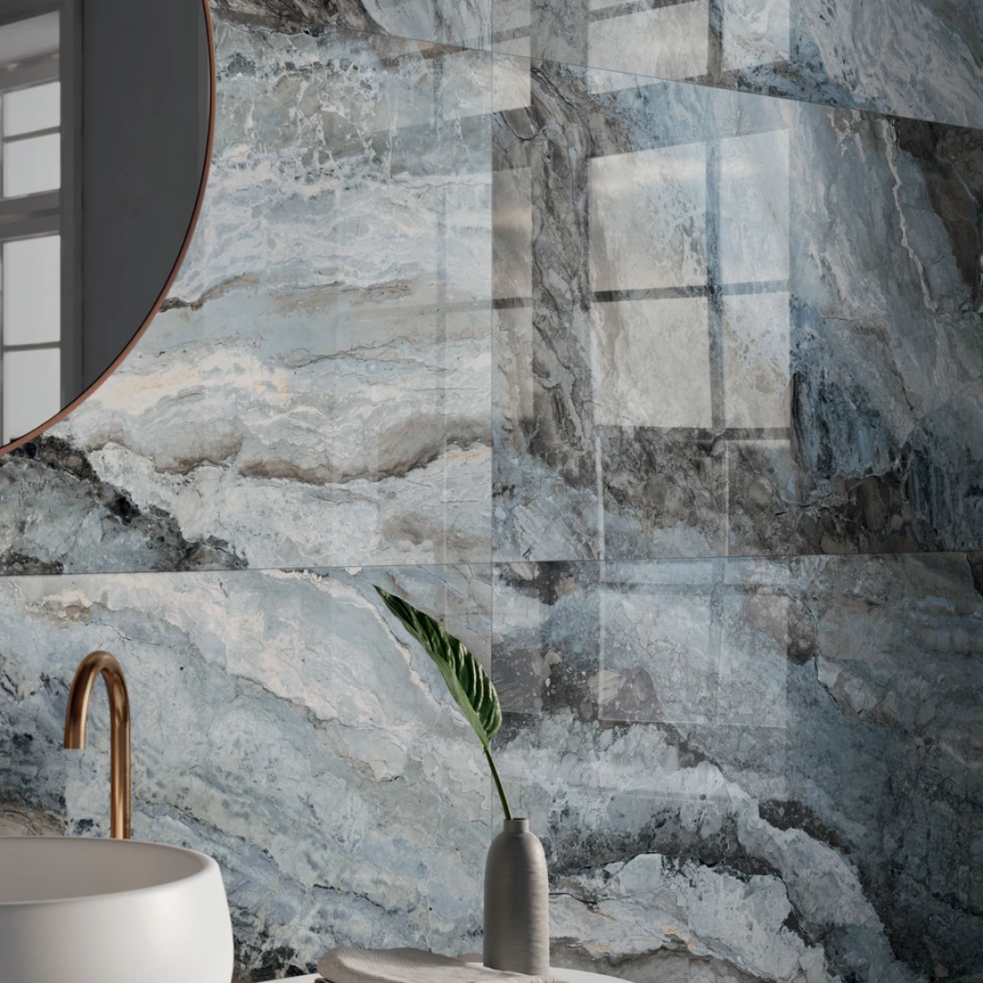 Close-up of ocean blue marble-effect porcelain surface