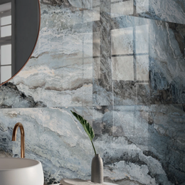 Close-up of ocean blue marble-effect porcelain surface