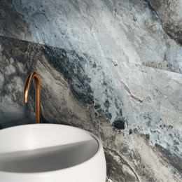 Close-up of ocean blue marble-effect porcelain surface