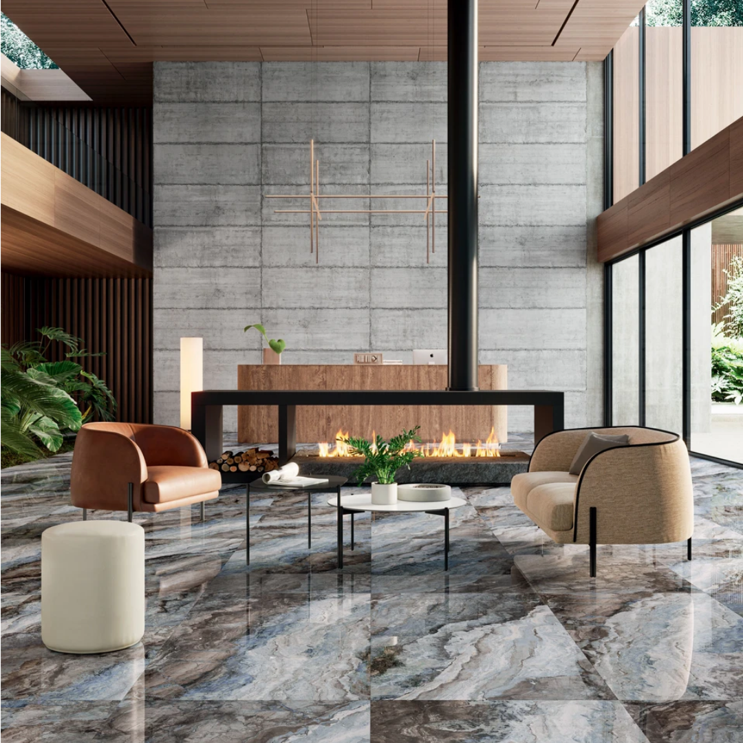 Ocean blue marble-effect tile flooring in living room