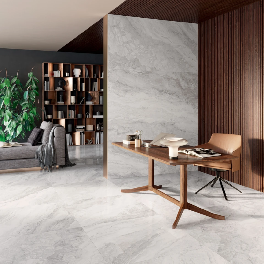 Grey marble-effect tile flooring in stylish living room