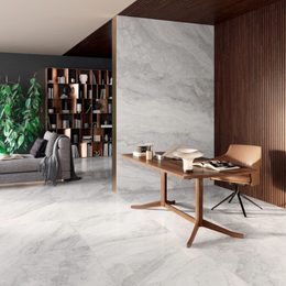 Grey marble-effect tile flooring in stylish living room