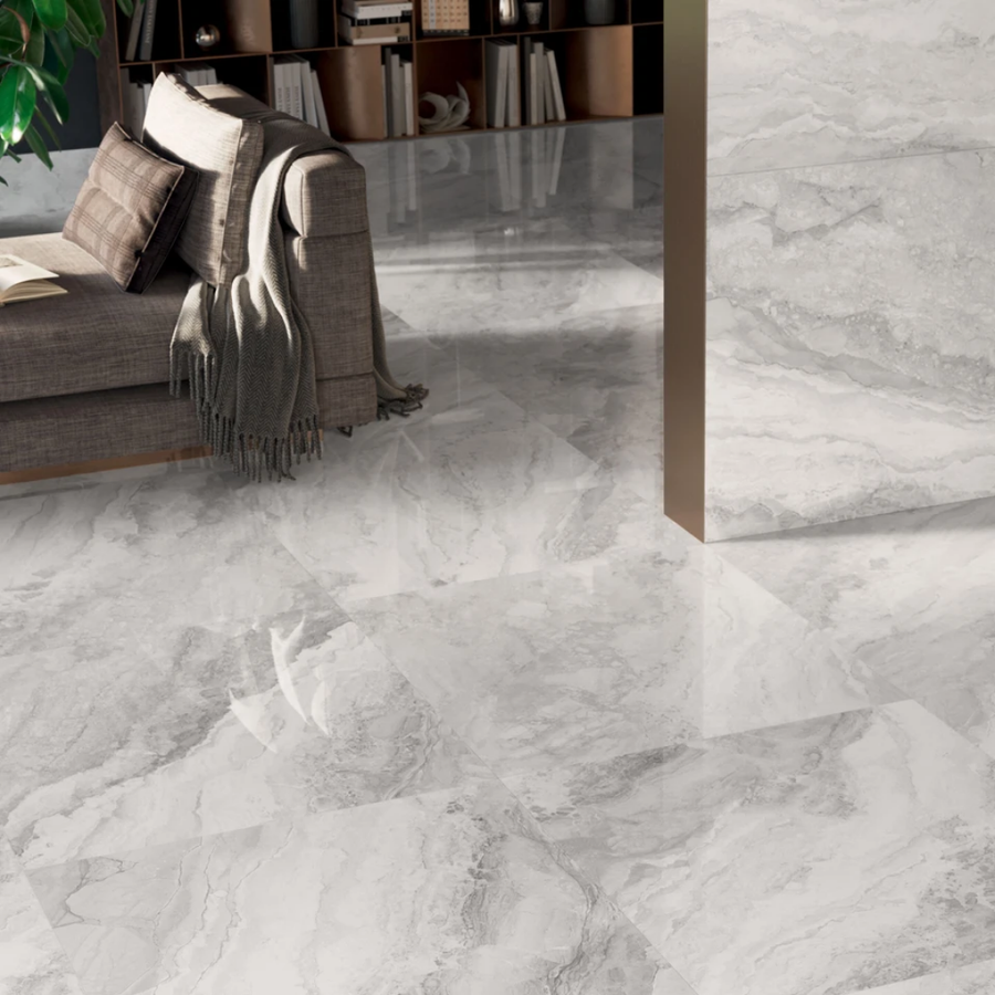 Spa-style bathroom with grey marble-look porcelain tiles