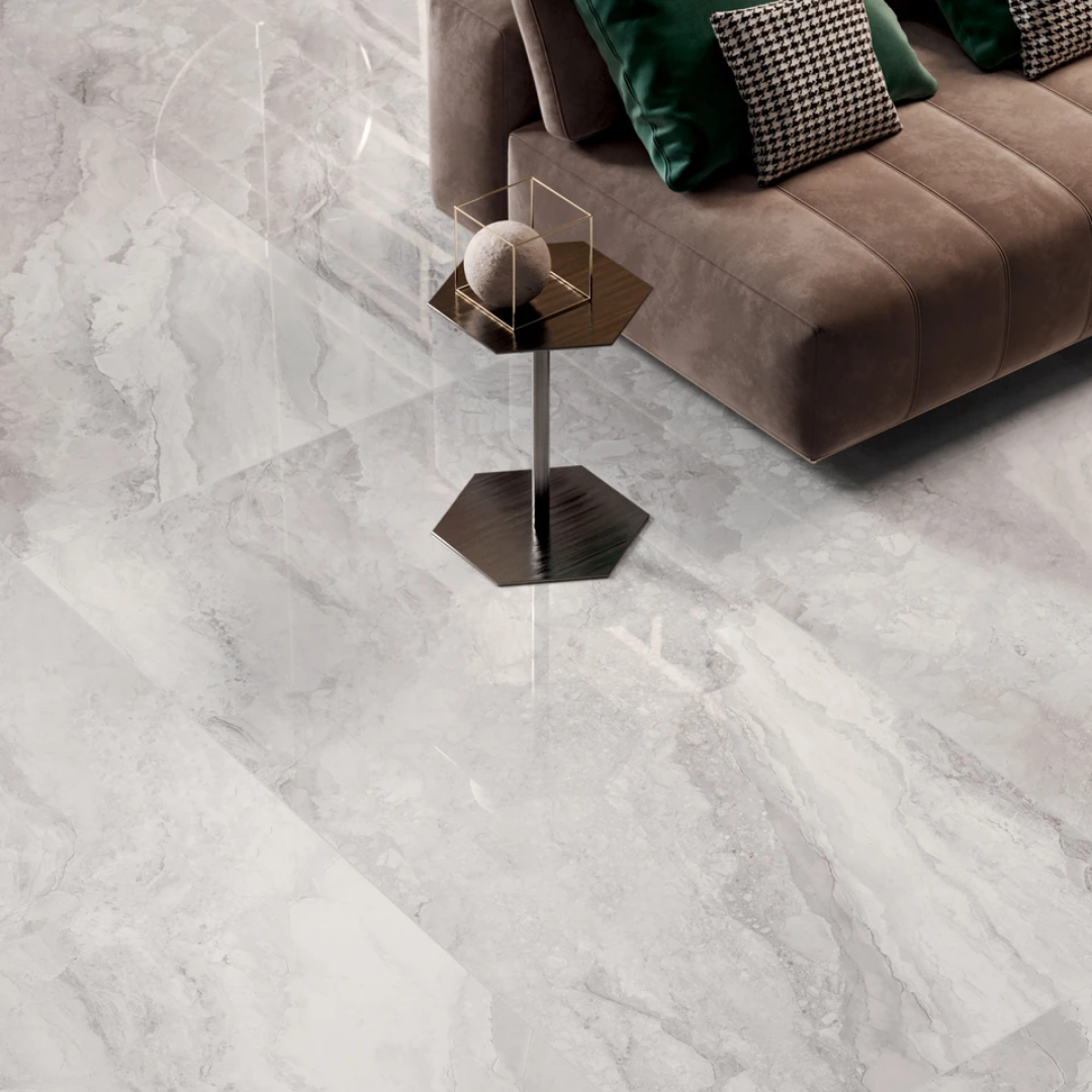 Close-up of grey marble-effect porcelain tile surface