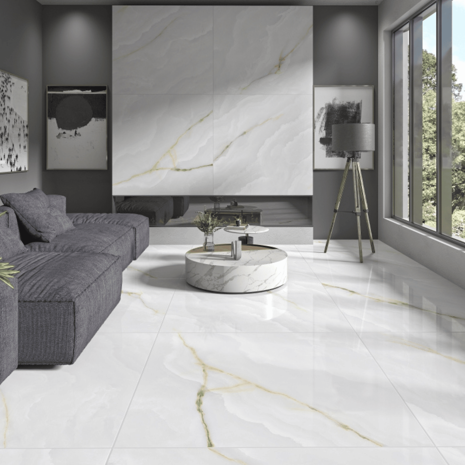 Glossy porcelain tile with veining