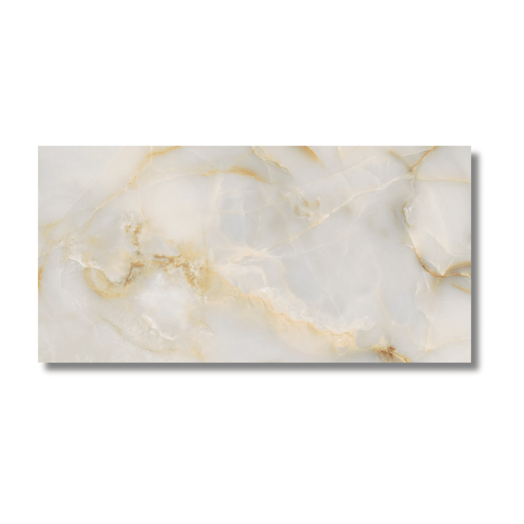 Onice Nacar glossy white porcelain floor tile in a modern luxury kitchen