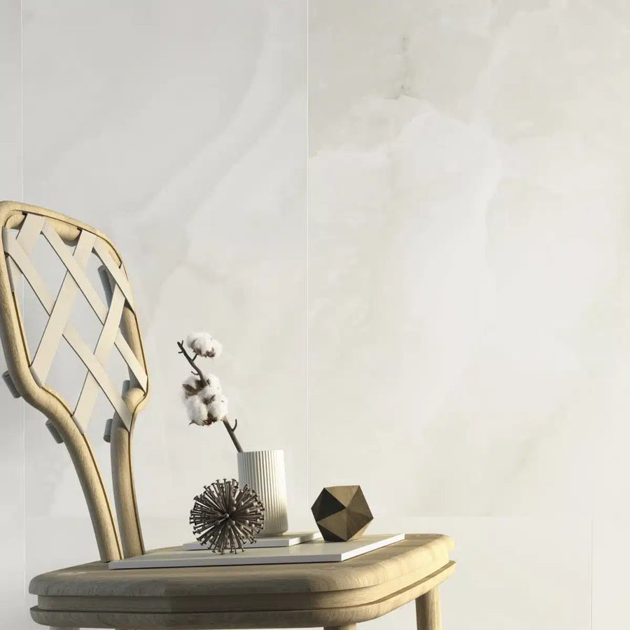 Modern kitchen featuring Onix Blanco Porcelain Tile – large format white porcelain tiles on floor