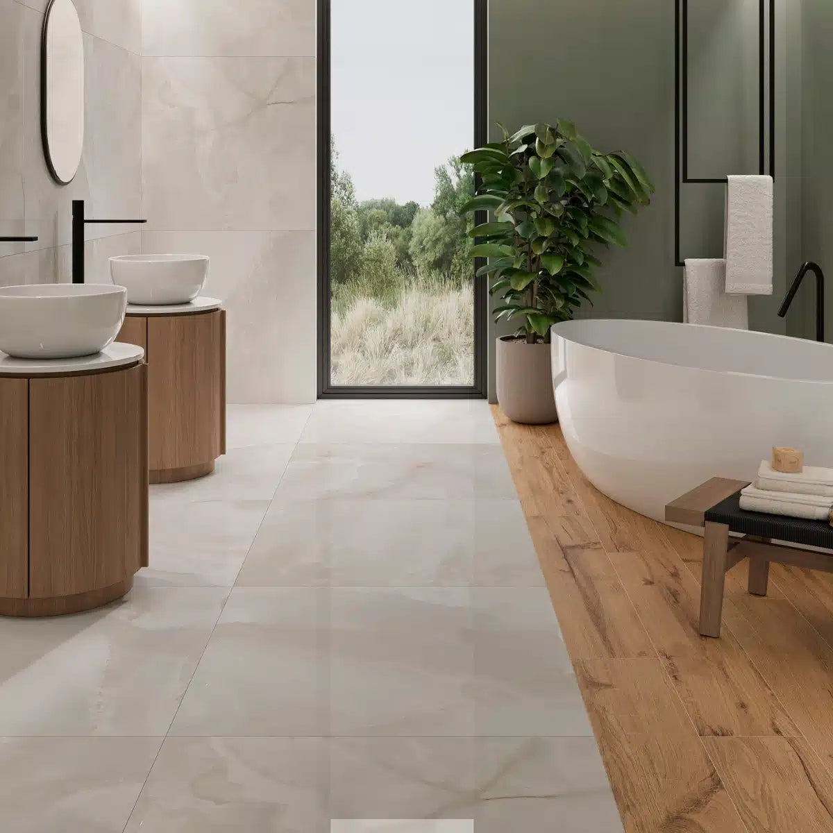 Bathroom with Onix Blanco Porcelain Tile – white porcelain floor and wall tiles